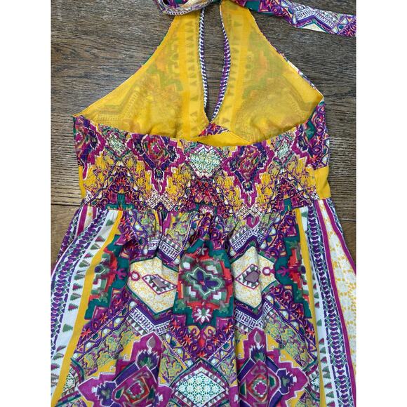 Angie Halter Maxi Dress Boho Gold & Magenta Geometric Boarder Print Smocked Sz L - Picture 8 of 13